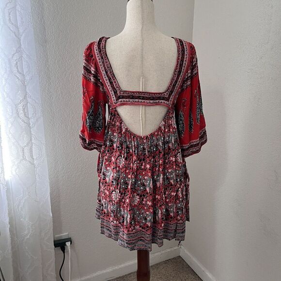 Free People Midsummers Dream Dress Size Small Red Floral Cutout Mini 1/2 Sleeve - Picture 5 of 10